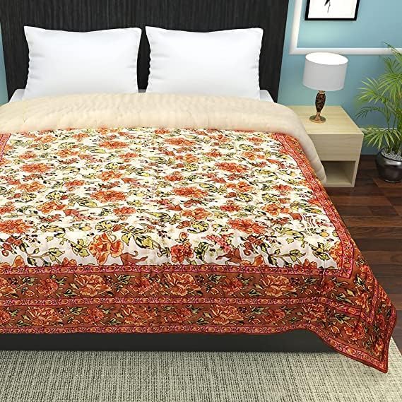 fashhub Jaipuri World Famous Lightweight Pure Cotton Traditional Rajasthani Print Quilt | Orange Colour Single Bed Razai/Rajai