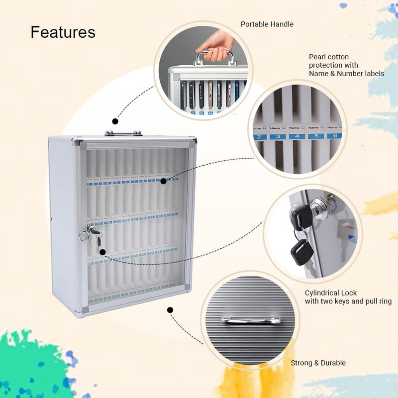 oddpod™ 48-Slot X-Large Aluminum Alloy Storage Box for Mobile Phones with Pocket & Transparent Door/Table top & Wall Mount Safe Locker Cabinet for Cell Phones for Office, Classroom, Gym