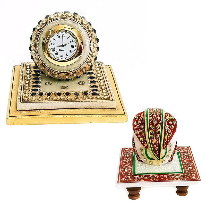 Handicraft Kingdom Marble Clock with Ganesha for Office, Home Living Room, Bedroom with Ganesh Chowki| Approx Size (3.5 Inch) & Wt (600 Gm) Pack of 4