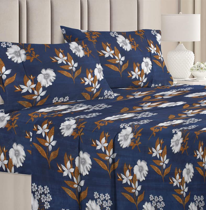 BSB HOME 120 TC Double Abstract Floral Bedsheet with 2 Pillow Covers | 110 GSM Soft Brushed Microfiber - Breathable & Wrinkle Free - (86 X 88 Inch, Dark Blue & Beige & Brown)