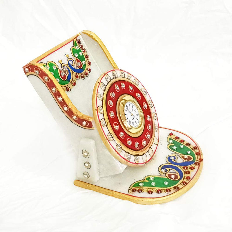 Marble Mobile Holder| Meenakari Art Handmade Decorated Table Clock Phone Stand Ideal for Office & Home Decor Showpiece| Best for Gifting - (H 11.5 cm X L 10.5 cm X W 10 cm) by Handicraft Kingdom