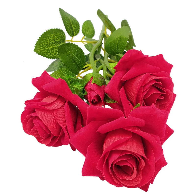 Daissy Raise ) Artificial Flowers (5 Stick Rose) RED Colour with White Plastic Pot for Table Decoration and Gift Purposes (Pack of 2)