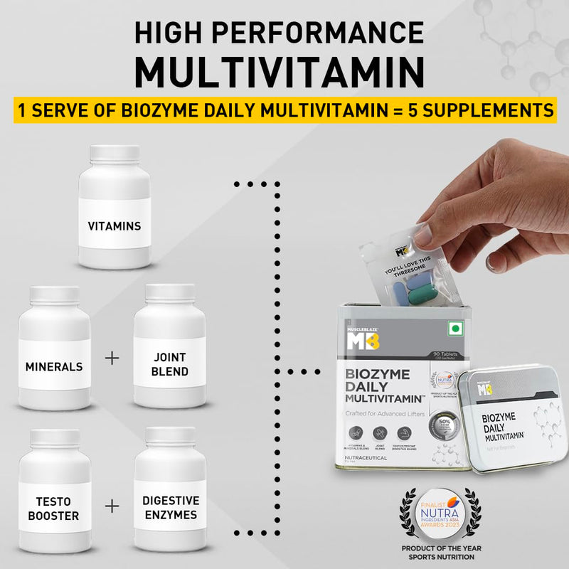 MuscleBlaze Biozyme Daily Multivitamin,90 Tablets,5-In-1 Supplement With Vitamins,Minerals,Patient Published Eaf,Trustified Certified For Higher Energy&Improved Performance Levels