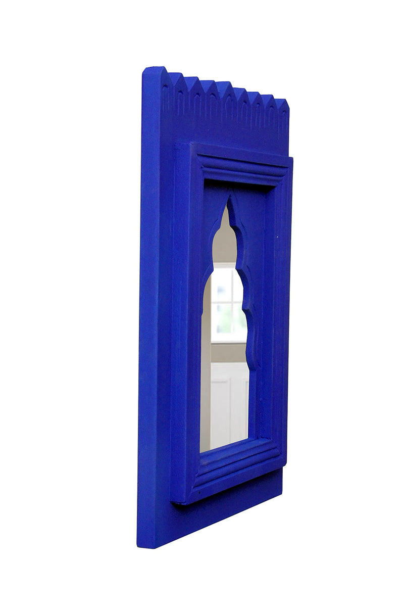 WHF Wood Painted Wall Hanging Jharokha Inside Mirror, Wooden Wall Hanging, Wooden Wall Panel (1 Piece, Blue) Rectangular, Framed