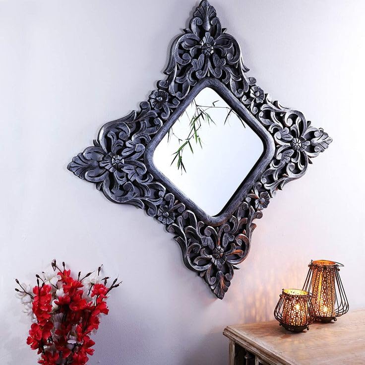 TOUCH WOOD HANDICRAFT Wall Hanging Wooden Mirror Frame, Mirror Frame for Living Room Bedroom Office Bathroom Hand Carving Design Antique Black Colour 24x24 Inch