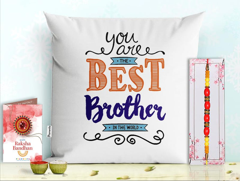 Pillow Rakhi for Brother with Gift - Rakhi with Rakhi Cushion with Filler Greeting Card- Rakhi for Brother, Gifts for Brother, Gifts for Rakhi, Gifts for Rakshabandhan Rakhi Gifts-PD-CU-09