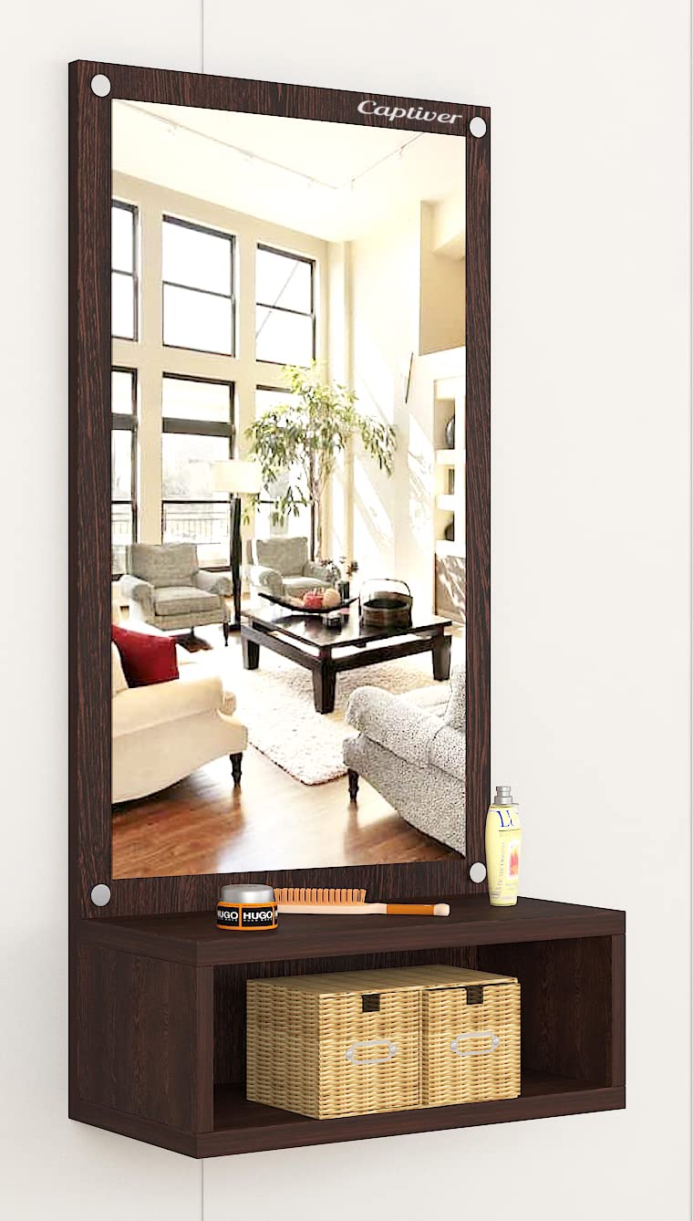 Captiver Engineered Wood Frameless Wall Mounted Mirror with 1 Storage Box (Matte Finish Wenge) Bathroom Bedroom Living Room Stand