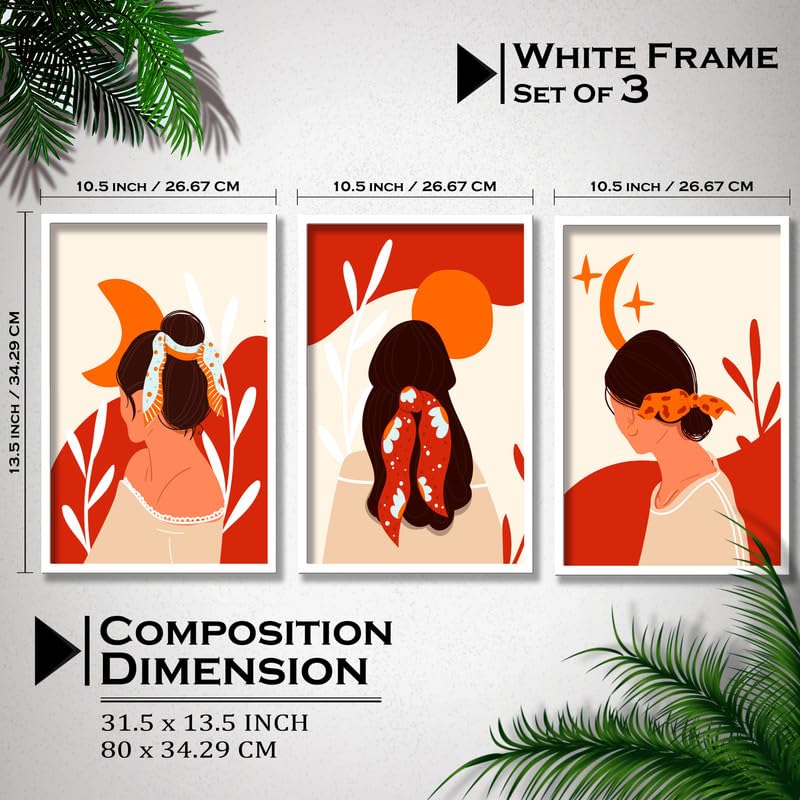 SAF paintings Set of 3 Abstract ladies Boho modern art design Premium white Framed Bohemian wall painting for for Wall, Home and Living Room Decoration 80 cms x 34.29 cms COMBO-2043-K3