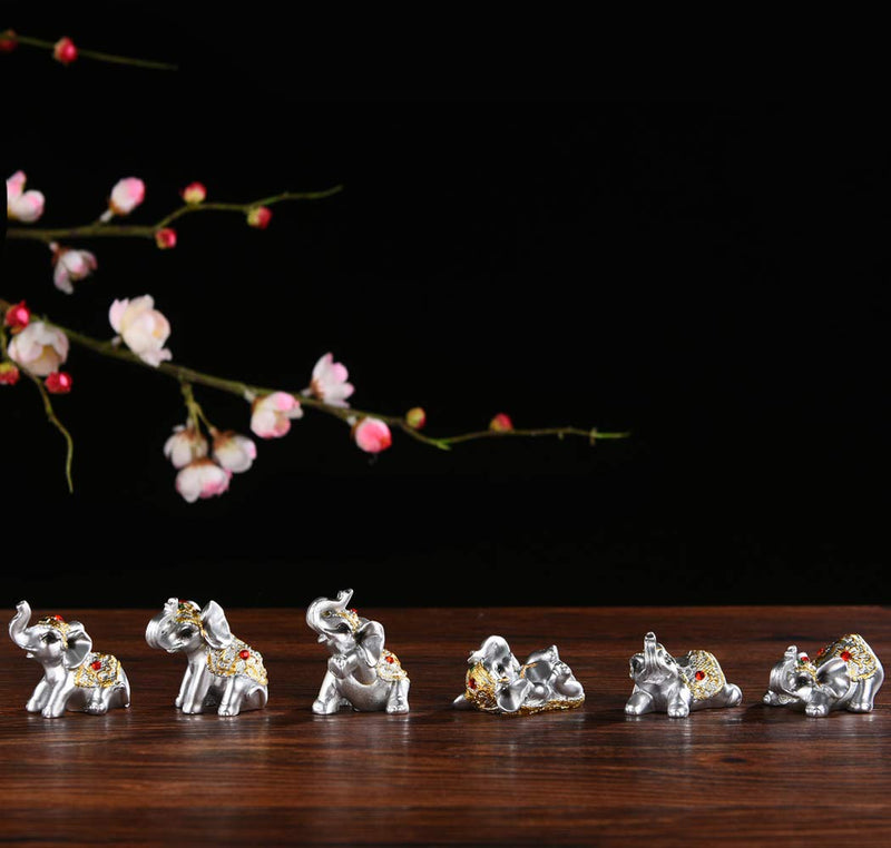 Silver Resin Small Elephants Statues Home Decor Collection Gift Set of 6 BS122 (Silver)