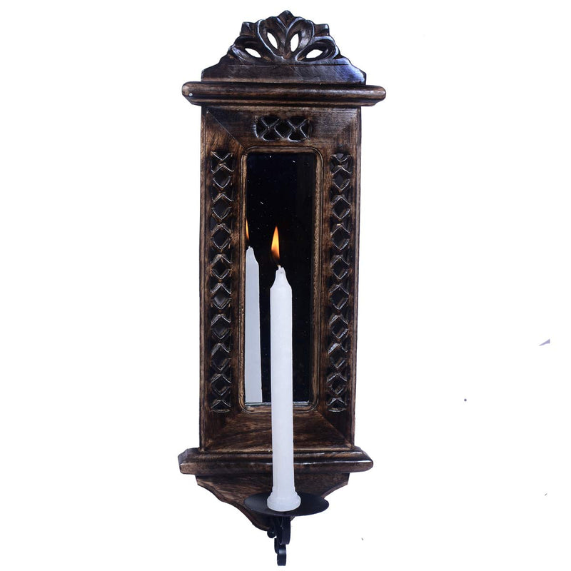 All About Wood Mango Wooden Handcrafted Wall-Mounted Mirror with Candle Stand - Beautiful Gift Item - for Festive Occasion/Diwali/New Year