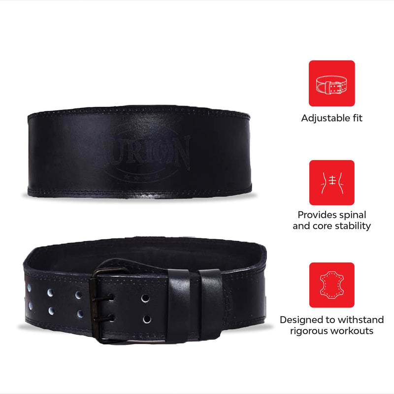 Aurion by 10 club Premium Genuine Leather Weight Lifting Belt-Medium | HeavyDuty Powerlifting Belt | Body Fitness And Gym Back Support Weightlifting Belt | Unisex | Adjustable Buckle | Full Black