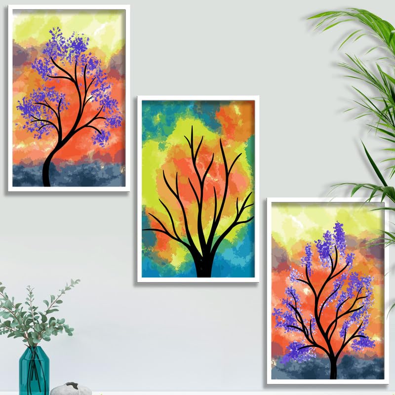 SAF paintings Set of 3 Abstract Boho modern art design Premium white Framed Bohemian wall painting for for Wall, Home and Living Room Decoration 80 cms x 34.29 cms COMBO-2150-K3