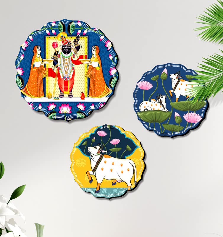 SAF Set of 3 Shrinath ji and cow pichwai modern art beautiful round shape wall painting for living room, home decoration, bedroom (1 Pc.-12 inch x 12 inch, 2 Pcs.- 8.5 inch x 8.5 inch) JLR44-S2L1