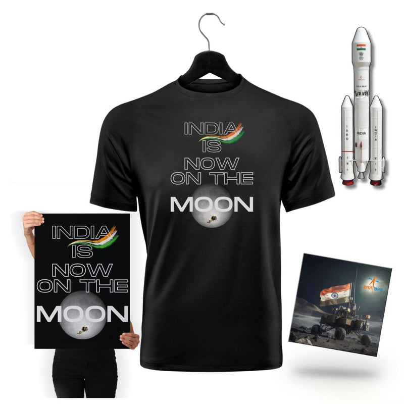 Chandrayaan-3 Celebrating India is Now on The Moon ISRO T-Shirt, Vikram Rover Fridge Magnet, GSLV Magnet and Poster (XX-Large) Black