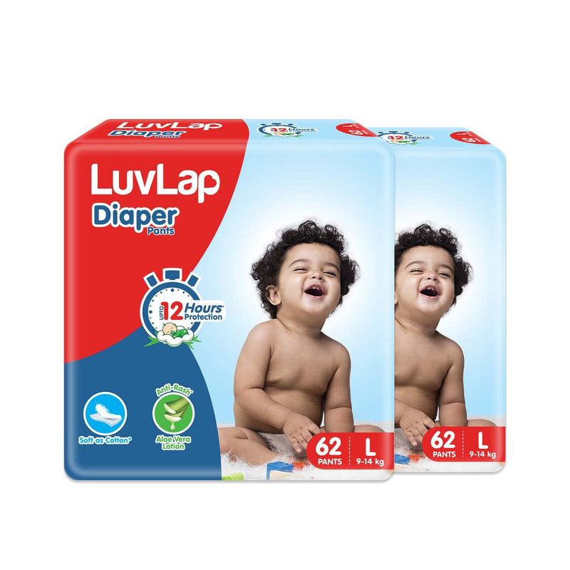 LuvLap Pant Style Baby Diapers, Large (LG) for Babies of 9 to 14Kg, Pack of 2 (62 Pants x 2 = 124 Pants),with Aloe Vera Lotion for Rash Protection, with Upto 12hr Protection, Diapers