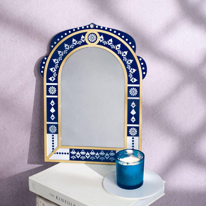 bambaiSe Midnight Blue and White Jarokha Wall Art with Acrylic Mirror, Wall Hanging décor