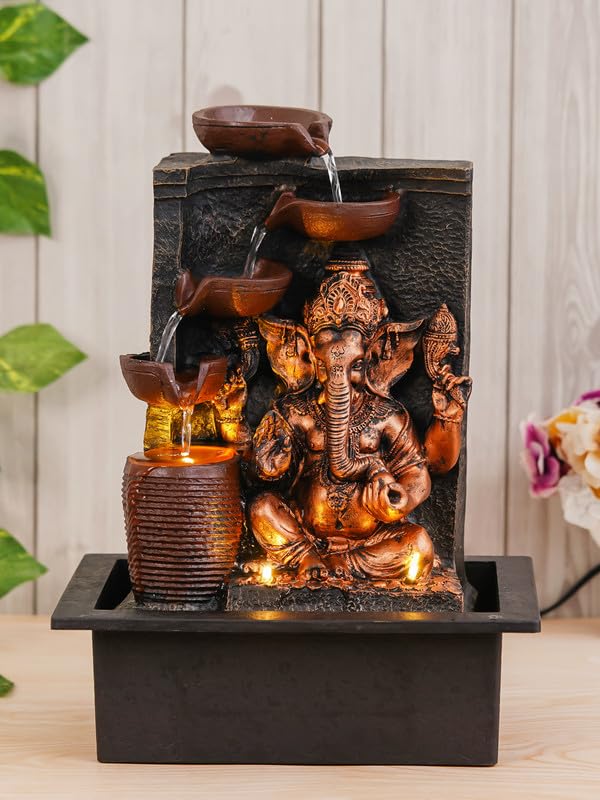 Chronikle Brown & Golden Idle Ganesha Table Top Indoor Water Fountain with 4 Steps Waterfall, LED Lights & Water Flow Controller Pump ( Size: 39 x 29.5 x 22 cm | Colour: Brown & Golden )