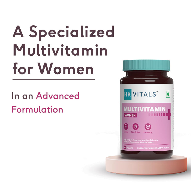 HealthKart HK Vitals Multivitamin Plus Women, Advanced Daily Multivitamin for Active Women | for Energy, Joints, Skin & Hair; with Iron, Vitamin C, Veg Collagen, Hyaluronic Acid & Biotin, 60 Tablets