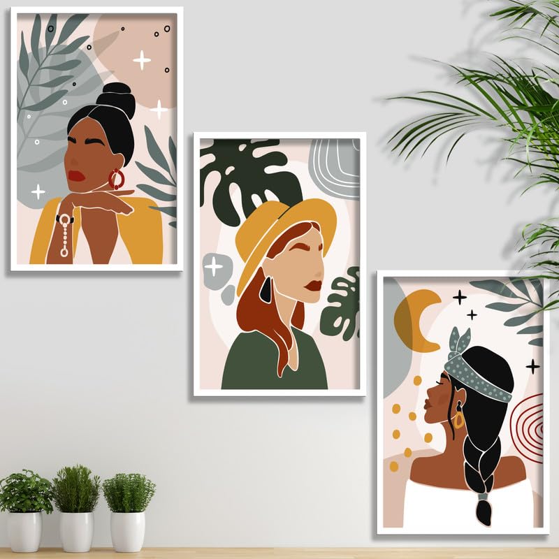 SAF paintings Set of 3 Abstract ladies Boho modern art design Premium white Framed Bohemian wall painting for for Wall, Home and Living Room Decoration 80 cms x 34.29 cms COMBO-2081-K3