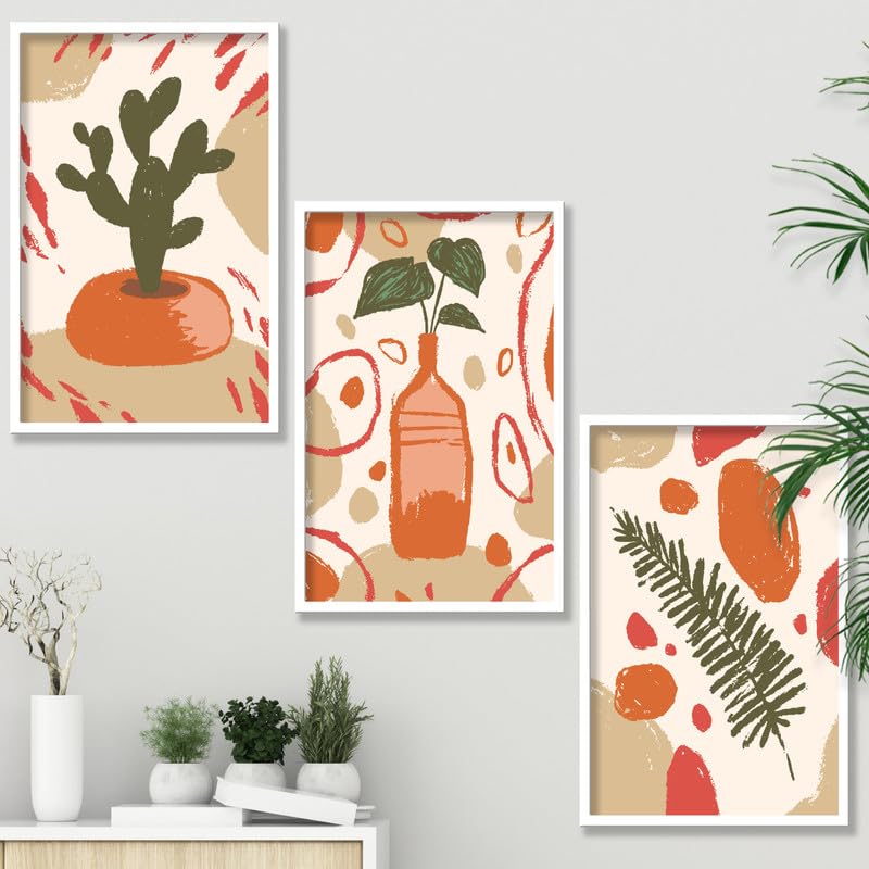 SAF paintings Set of 3 flower pot Boho modern art design Premium white Framed Bohemian wall painting for for Wall, Home and Living Room Decoration 80 cms x 34.29 cms COMBO-2001-K3