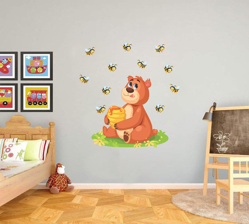 WALLBOOK Set of 2 Wall Stickers Bird House on a Branch | Bear with Honey for Home, Hall, Bedroom, Livingroom & Kitchen