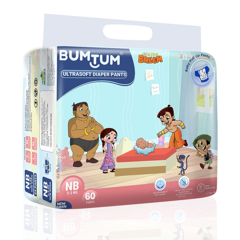 Bumtum Chota Bheem New Born Size Baby Diaper Pants, 120 Count, Leakage Protection Infused With Aloe Vera, Cottony Soft High Absorb Technology