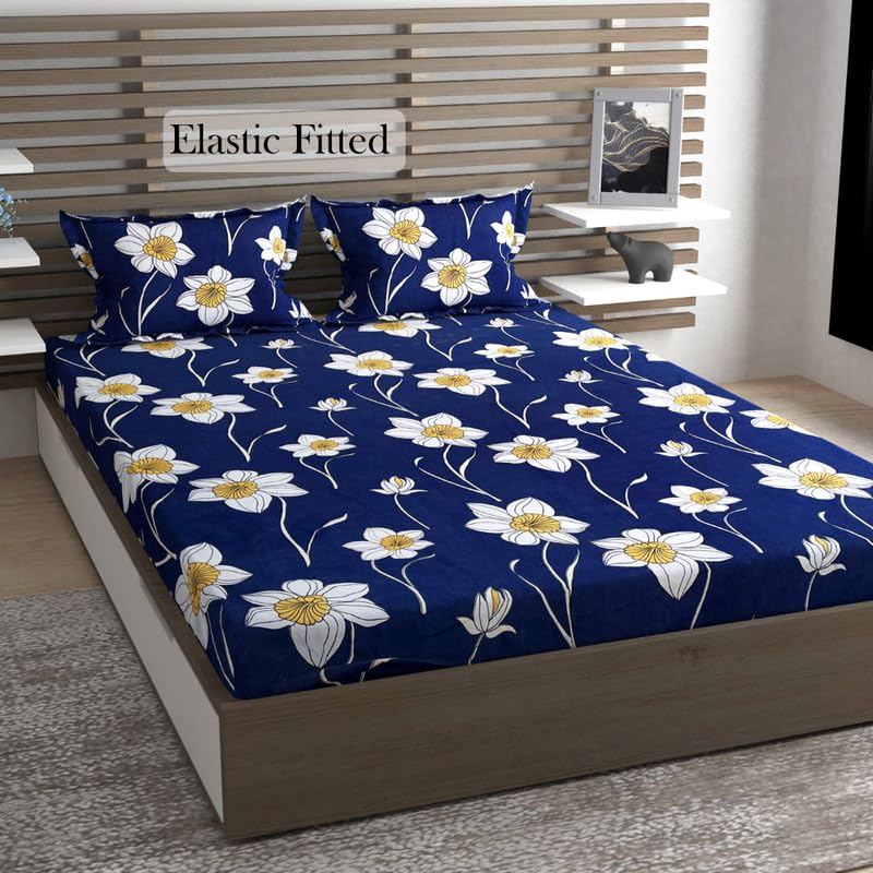 Vaastu Furnishings Prime Collection 160TC Supersoft Glace Cotton Elastic Fitted King Size Double Bedsheet with 2 Pillow Covers (Multicolour, Size 72 x 78 Inch) - Blue Lily 2 - Gold Fitted