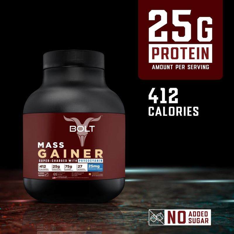 Bolt Mass Gainer | Weight Gainer | Supercharge With Phycocyanin | 25G Protein, 75G Carbs & 412 Calories Per Servings Muscle & Weight Gain Objectives |Piedmont Chocolate, Powder