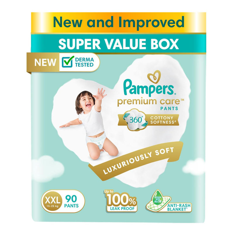 Pampers Premium Care Pants Style Baby Diapers, XX-Large (XXL) Size, 90 Count, All-in-1 Diapers with 360 Cottony Softness, 15-25kg Diapers