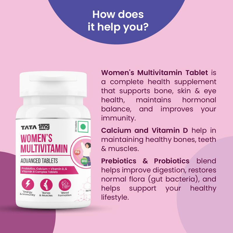 Tata 1mg Women's Multivitamin Veg Tablet with Zinc, Vitamin C, Calcium, Vitamin D and Iron, Support Health Protection, Bones & Overall Health (Pack Of 60 Tablets)