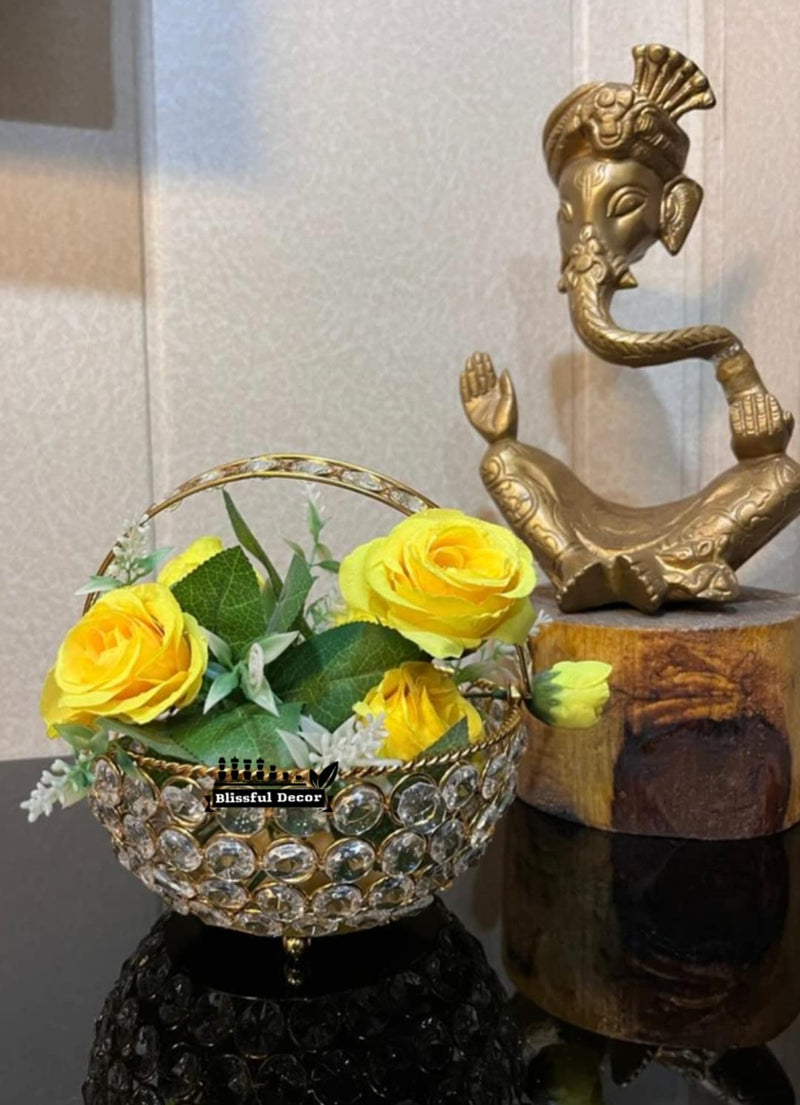 blissful decor Presents Metal Flower Basket (tokari) with Crystal Studded, Decorative Golden Metal Flower Vase for Home Office Gift, (6 Inch Diameter) Without Flower