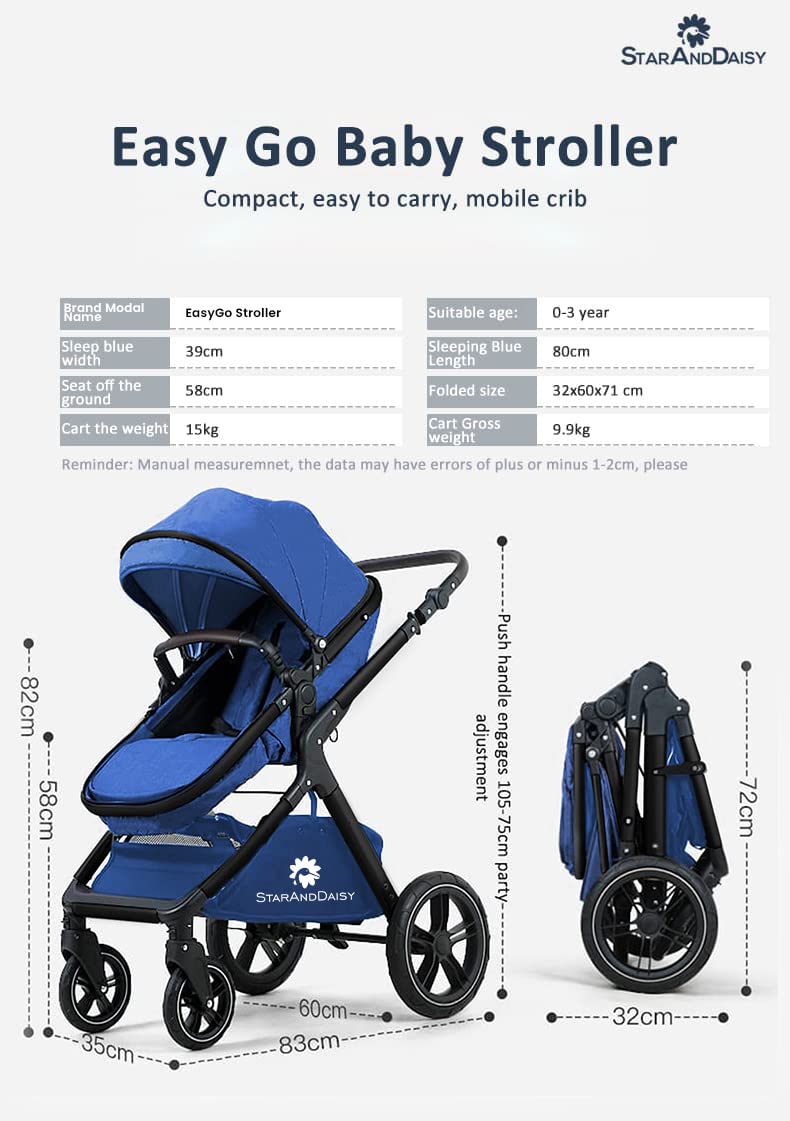 StarAndDaisy Easy Go Baby Stroller For 0-3Y Girls&Boys,Luxury Look,One Push Foldable Desing,5 Point Safety Belt,Comfortable&Washable Fabric And Reversible&Convertible Kids Pram(Blue With Black Tubes)