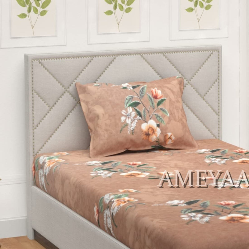 AMEYAA Cotton Feel All Around 36" x 72" Elastic Fitted Glace Printed Single Size Bed Bedsheet with 1 Large Pillow Covers Fits Upto Mattress of 8 Inch, (Copper Flowers)