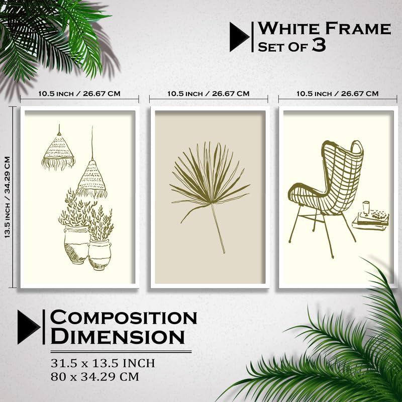 SAF paintings Set of 3 Abstract Boho modern art design Premium white Framed Bohemian wall painting for for Wall, Home and Living Room Decoration 80 cms x 34.29 cms COMBO-2132-K3