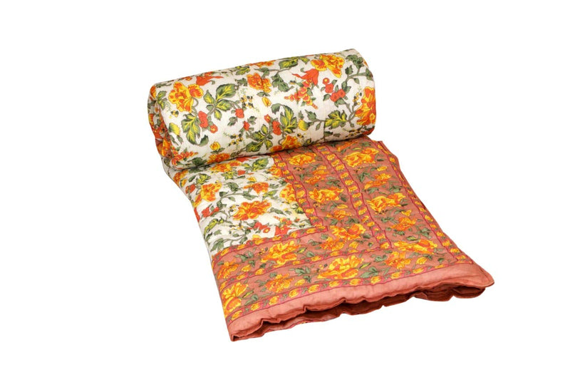 THROW KING Rajasthani Jaipuri Pure Cotton Floral Desing Printed Jaipuri Razai/Rajai/Quilt/Blanket/Dohar (Beige, Single)