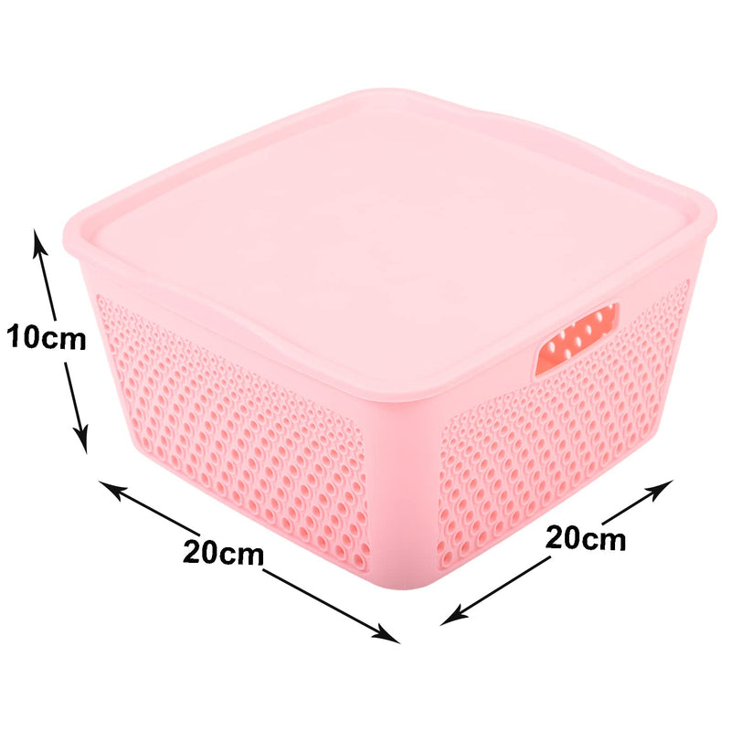 Kuber Industries Netted Design Unbreakable Multipurpose Square Shape Plastic Storage Baskets with lid Small Pack of 3 (Pink)