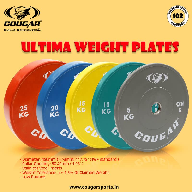 COUGAR ULTIMA STAINLESS STELL (50 MM) INSERT LOW BOUNCE BUMPER RUBBER WEIGHT PLATES PAIR WITH BUSH - 5 KG