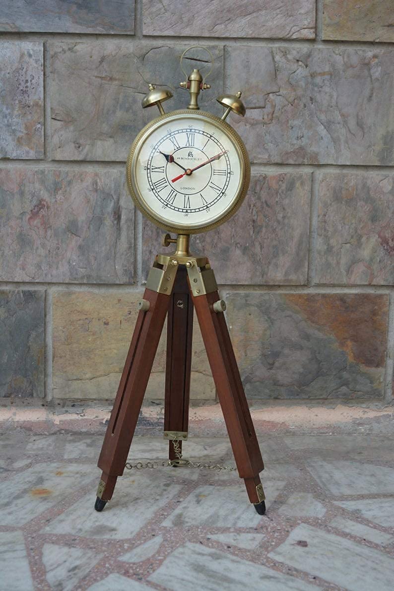 R.I Royal Instrument Antique Two Bell Wooden & Metal Tripod Clock for Home Decor