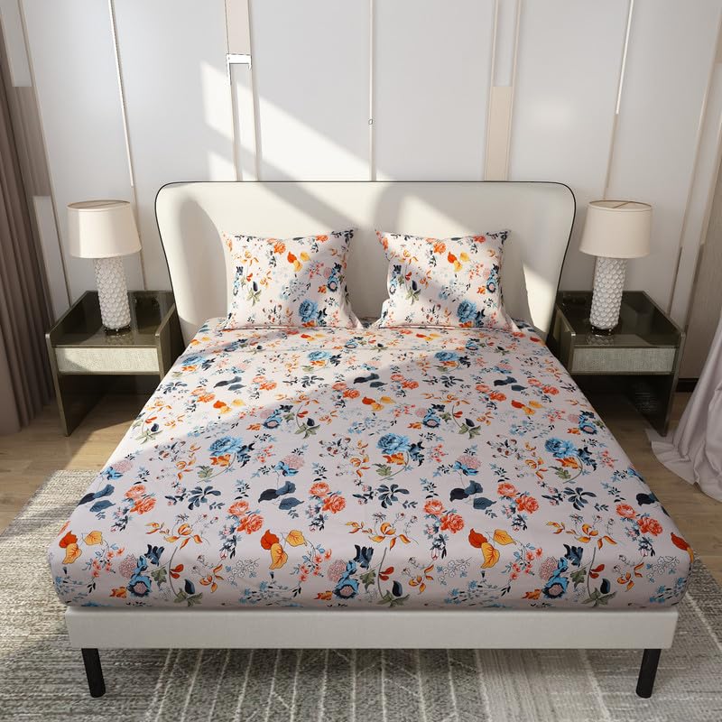 Lithara Soft Feel Breathable Fabric Floral Printed Bedsheet for Double Bed with 2 Pillow Cover (Print - P28)