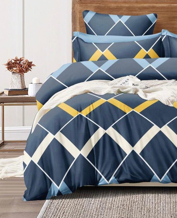 THE DIVINE Glace Cotton King Size All Around Elastic Fitted Double Bedsheet 72''x78'' Inch + 8 Inch (Drop) with 2 Pillow Covers (Blue) 200-250 TC_1(VAG) FTD.DB.Zigzag_28-Blue