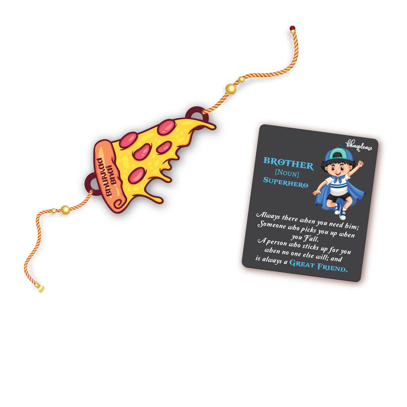 Bhai Please Bhukkad Bhai (Pizza) Rakhi with Brother is Superhero Fridge Magnet (Gift Combo for Bhai / Bhaiya) | Set of 1 pc Rakhi with Roli- Chawal and Fridge Magnet | With Raksha Bandhan Greetings