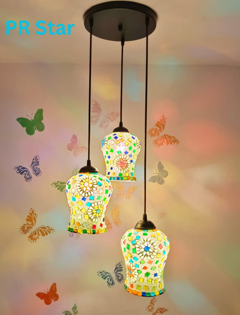 PR Star Classical Hanging Glass Mosaic Multi 3 Light Chandelier Pendants Ceiling Lamp (Multi Color)