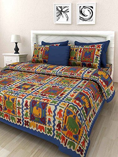 ART WORLD Queen Size Double Bed Sheet with Pillow Covers Pure Cotton Rajasthani Jaipuri Traditional Printed Bedcover (Navy Blue, Queen)