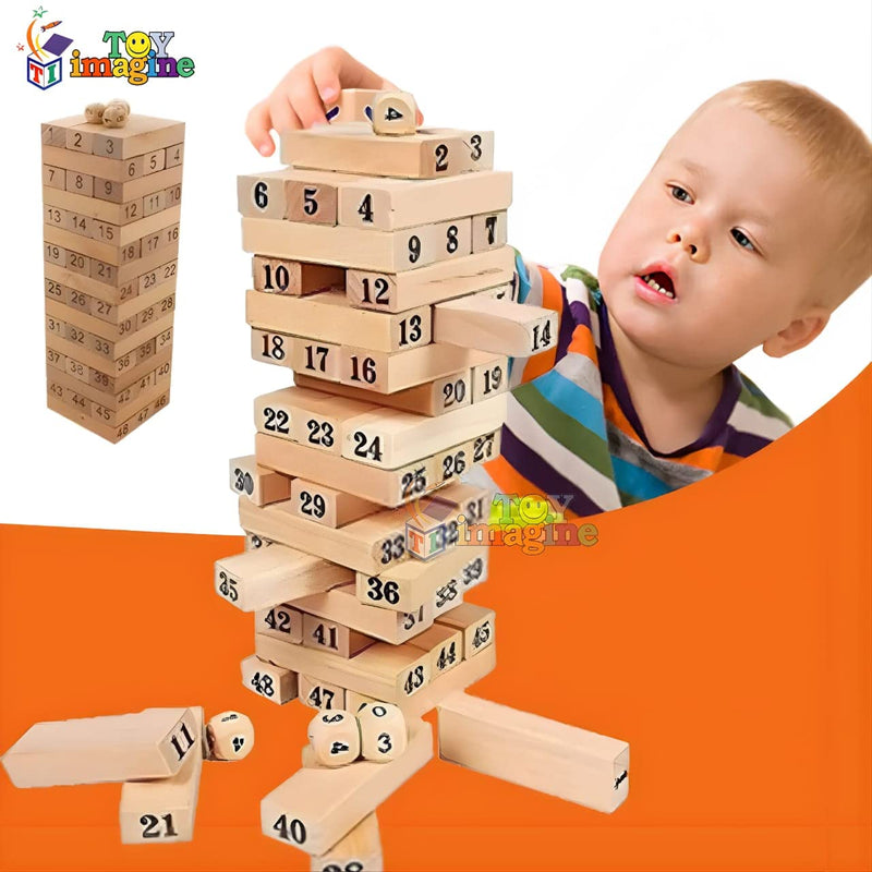 Toy Imagine™ Tumbling Tower Game for Kids and Adults, Wooden Blocks with 4 Dices Game|Stacking Game Challenging|Maths Game