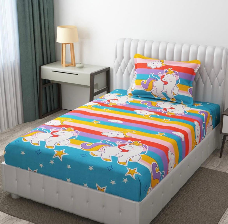 PRISCILLA Kids Glace Cotton Elastic Fitted Bedsheet for Single Bed with 1 Pillow Cover - Soft and Breathable Bedding for Children's Room - Cute Prints - Toddler and Children's Bedroom Decor, Design2