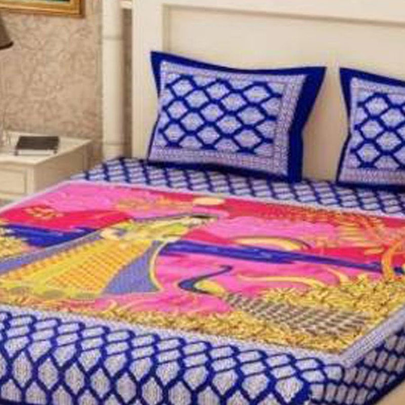 190 TC Cotton Double Jaipuri Prints Flat Bedsheet (Pack of 1, Blue) SOMYA GEMS