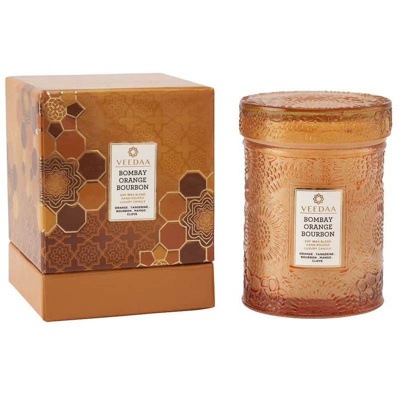 VEEDAA Bombay Orange Bourbon Soy Wax Mandala Glass Scented Candle (Burns 22 Hours)