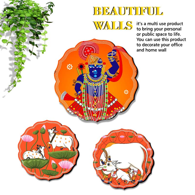 SAF Set of 3 Shrinath ji and cow pichwai modern art beautiful round shape wall painting for living room, home decoration, bedroom (1 Pc.-12 inch x 12 inch, 2 Pcs.- 8.5 inch x 8.5 inch) JLR43-S2L1