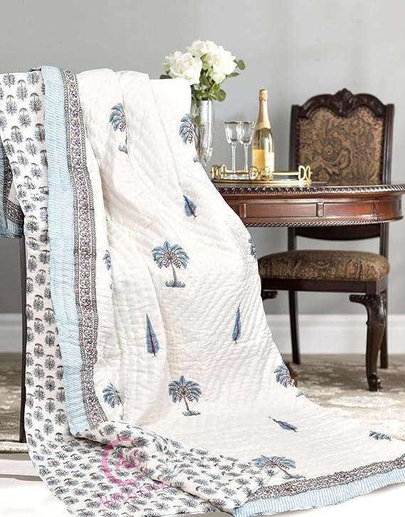 EMIOUR 400 TC Jaipuri Light Weight Pure Cotton Traditional Hand Block Big Flower Print Double Bed Quilt/Razai/Rajai (White & Grey, 90 x 108 Inches, Double Bed) Breathable