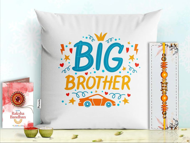 Pillow Rakhi for Brother with Gift - Rakhi with Rakhi Cushion with Filler Greeting Card- Rakhi for Brother, Gifts for Brother, Gifts for Rakhi, Gifts for Rakshabandhan Rakhi Gifts-PF-CU-20